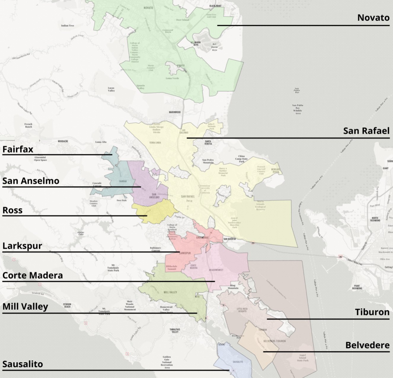 Map of Marin County service areas covered by UniFix Appliance Repair